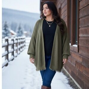 Maurices Plus Size 2X Frayed Hem Wrap Cardigan Sweater Olive Green Cozy Grunge‎